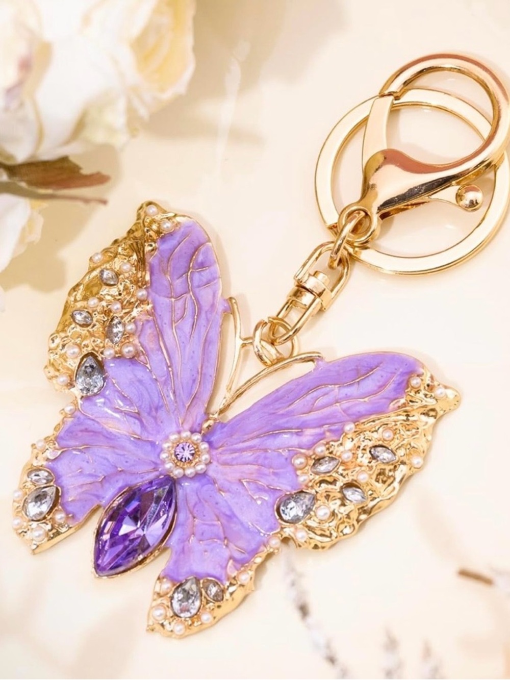 Lavender Purple Butterfly Crystal Bag Charm/Keychain with Pearls & Stones - Picture 3 of 4